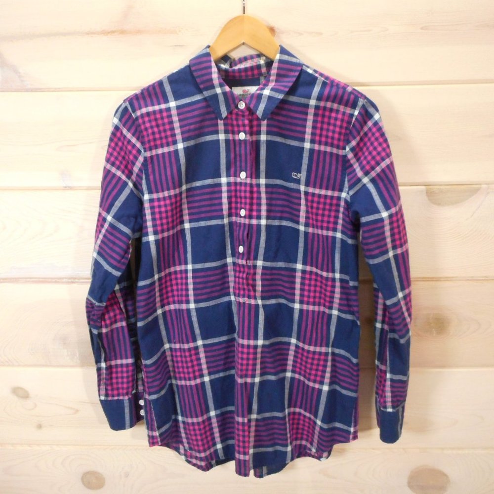 Vineyard Vines Navy and Pink Plaid Button-Down Shirt